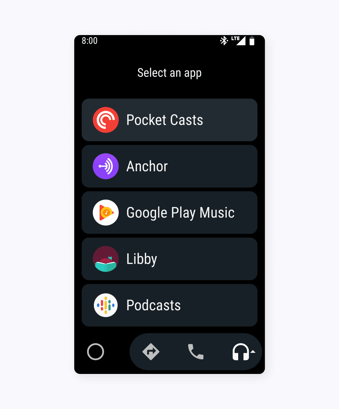 Android Auto app list. Large, easy to touch buttons in single columns that make it easy to see while driving